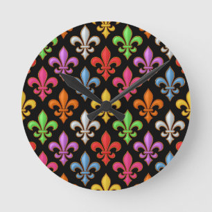 Horloge Ronde Fleur-de-lis Fleurs Noires Audacieuses Colorées 