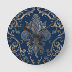 Horloge Ronde Fleur de lis, marbre bleu et or