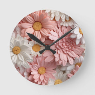 Horloge Ronde Fleur de marguerite 3D rose et blanche