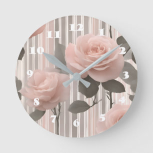 Horloge Ronde Fleur de rose rose et rayures, aspect vintage