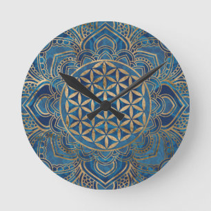 Horloge Ronde Fleur de vie à Lotus - Marbre bleu et or