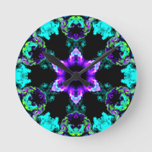Horloge Ronde Fleur d'hippie psychédélique violet Turquoise et