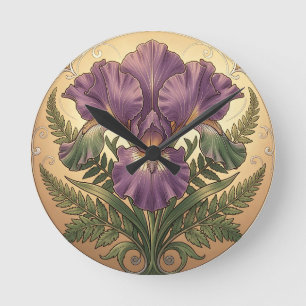 Horloge Ronde Fleur d'iris pourpre Art Nouveau Cadre Orné