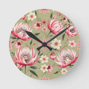 Horloge Ronde Fleur exotique de Protéa Botanique Vert Sauge Luxe