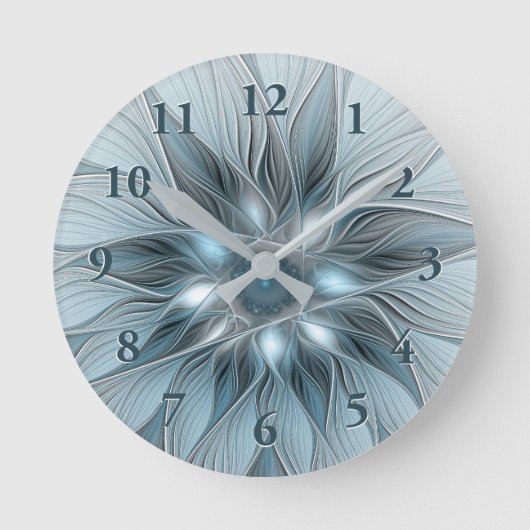 Horloge Ronde Fleur Joyeuse Abstrait gris bleu floral Fractal (Recto)