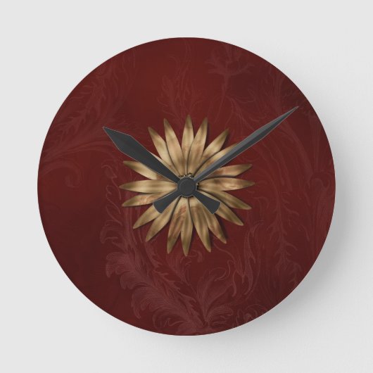 Horloge Ronde Fleur métal or sur tissu rouge (Recto)