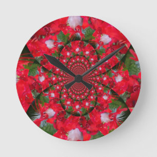 Horloge Ronde Fleur Rouge Naturelle Art Kaléidoscopique Plume Bl