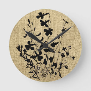 Horloge Ronde Fleur sauvage Silhouette Burlap