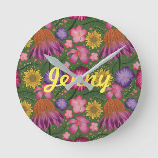 Horloge Ronde Fleur sauvage Vert Floral Personnalisé