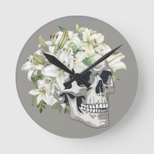 Horloge Ronde Fleur silencieuse : Crâne et Lys blancs
