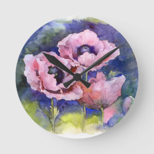 Horloge Ronde Fleurs aquarelles illustration poppy rose fleurs