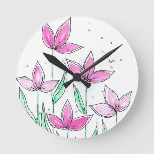 Horloge Ronde Fleurs aquarelles roses fantaisistes