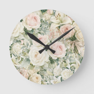 Horloge Ronde Fleurs aquarelles vintage rose pâle et lis