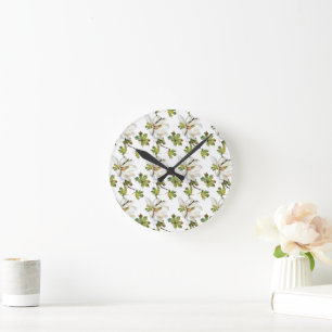 Horloge Ronde Fleurs blanches Feuilles verts