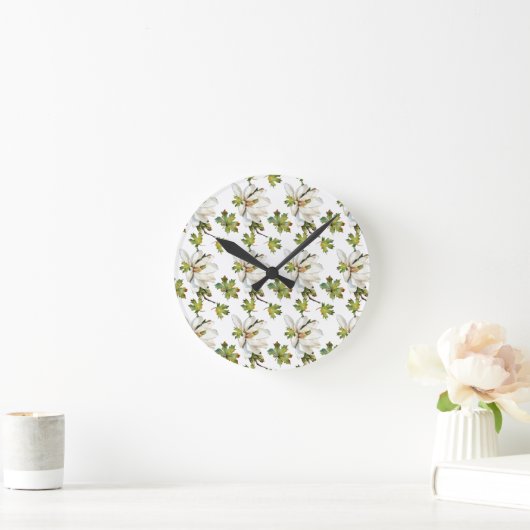 Horloge Ronde Fleurs blanches Feuilles verts (Maison)