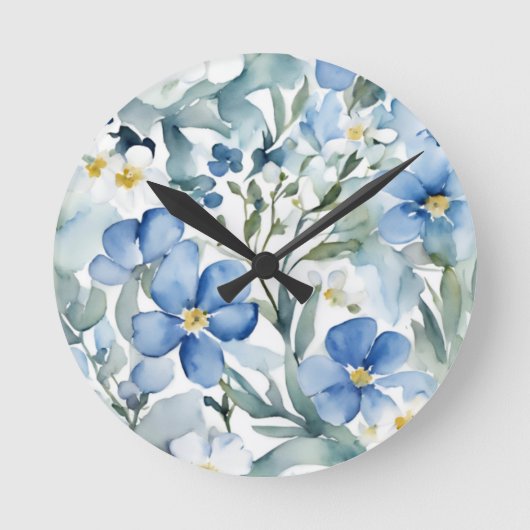 Horloge Ronde Fleurs Bleues Blancs Aquarelle Chic (Recto)