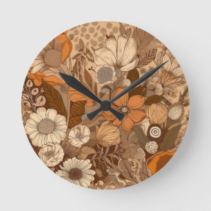 Horloge Ronde Fleurs bohèmes dans la crème orange et les tons te