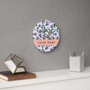 Horloge Ronde Fleurs Colorées, Fond Bleu, Orange