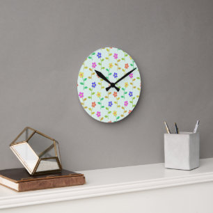 Horloge Ronde Fleurs colorées, Motif Floral, Verdure, Boho
