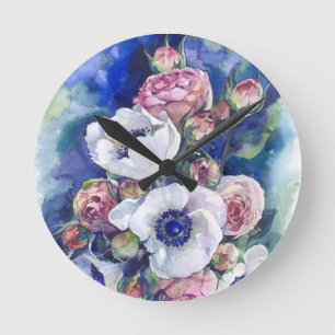 Horloge Ronde Fleurs d'aquarelle anémone roses d'illustration fl
