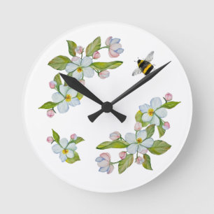 Horloge Ronde Fleurs d'aquarelle des arbres du jardin et des bou