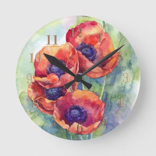 Horloge Ronde Fleurs d'aquarelle rouge pavot illustration fleurs (Recto)