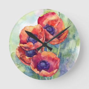 Horloge Ronde Fleurs d'aquarelle rouge pavot illustration fleurs