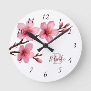 Horloge Ronde Fleurs de cerisier rose blanc Monogramme Nom
