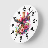 Horloge Ronde Fleurs de Croix Rose (Angle)
