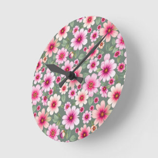 Horloge Ronde Fleurs de jardin rose sansé vintage