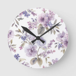 Horloge Ronde Fleurs de Lavande Aquarelle Botanique Violette