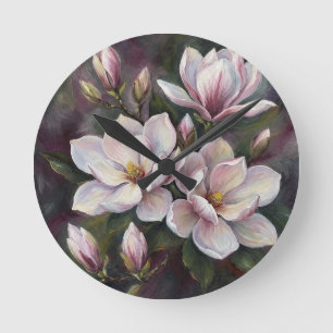 Horloge Ronde Fleurs de magnolia roses, peinture à l'huile flora