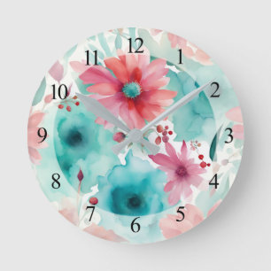 Horloge Ronde Fleurs de printemps à l'aquarelle bleu turquoise r