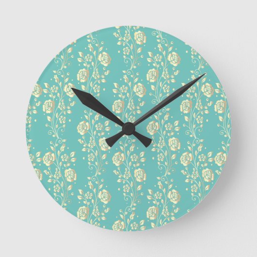 Horloge Ronde Fleurs d'or en cascade sur turquoise (Recto)