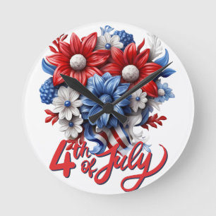 Horloge Ronde Fleurs du 4 juillet en rouge, blanc et bleu patrio