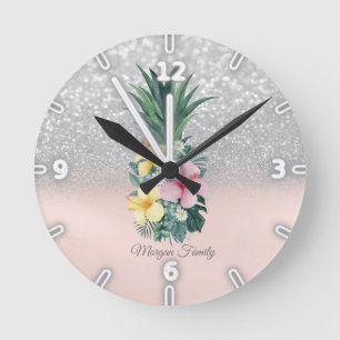 Horloge Ronde Fleurs élégantes d'ananas avec scintillement argen
