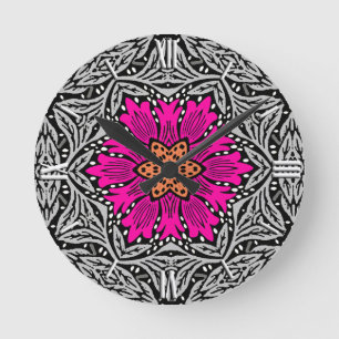 Horloge Ronde Fleurs géométriques - Fuchsia rose et gris