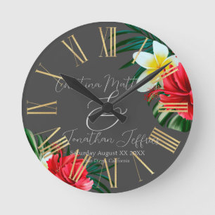 Horloge Ronde Fleurs hawaïennes tropicales sur gris élégant
