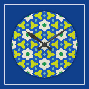 Horloge Ronde Fleurs Mignonnes sur Fond Géométrique Floral Bleu