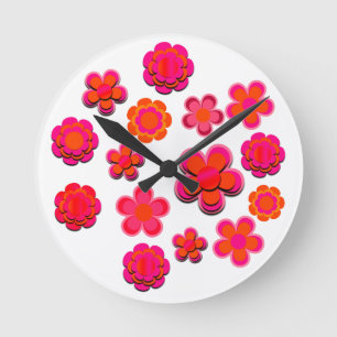 Horloge Ronde Fleurs roses et orange chaudes 