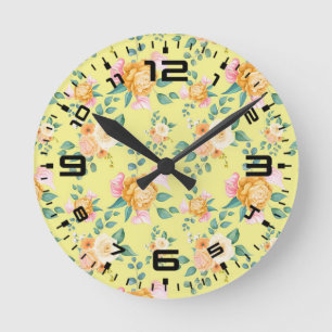 Horloge Ronde Fleurs Roses florales Arrière - plan jaune-2322