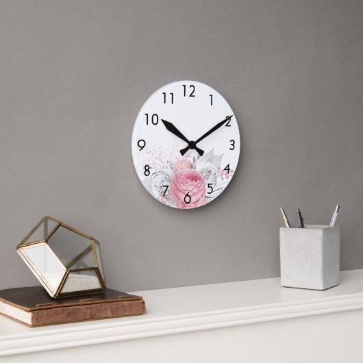 Horloge Ronde Fleurs roses rose blanc élégant (Bureau)