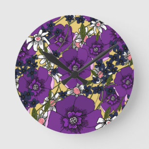 Horloge Ronde Fleurs sauvages violettes vintage