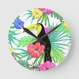 Horloge Ronde Fleurs tropicales de jardin avec perroquet