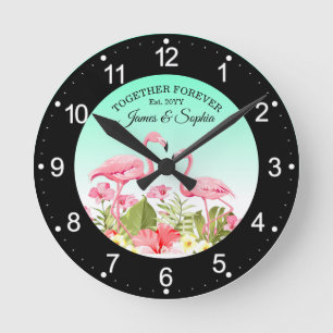 Horloge Ronde Fleurs tropicales et design de flamants roses