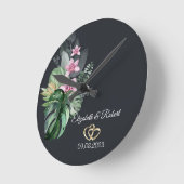 Horloge Ronde Fleurs tropicales Mariage foncé (Angle)