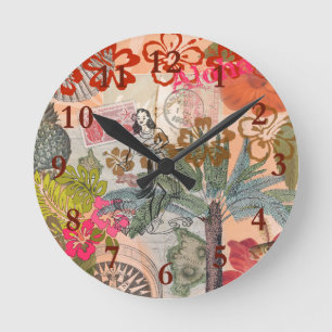 Horloge Ronde Fleurs vintages Hula Colorful Hawaiian Tropical