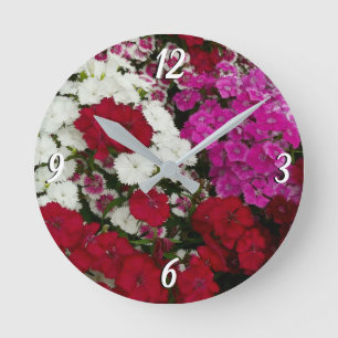 Horloge Ronde Floral Dianthus blanc, rose et rouge
