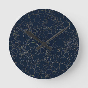 Horloge Ronde Floral tiré par la main d'or élégant de bleu