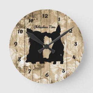 Horloge Ronde Floral Wood Faux Chihuahua Silhouette Wall Clock
